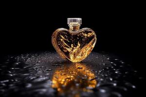 Mock-up golden glossy perfume bottle in the shape of a heart on a mirror black stand with water drops. Place for text. Female perfumery and fragrances concept. photo