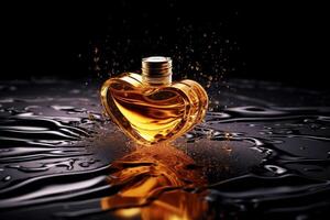 Mock-up golden glossy perfume bottle in the shape of a heart on a mirror black stand. Place for text. Female perfumery and fragrances concept. image photo