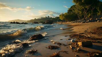 photo-realistic of dirty beach at afternoon with so much garbage AI generated photo