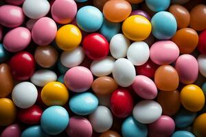 Photo-realistic of colorful candies in aerial view for background made by AI generated photo