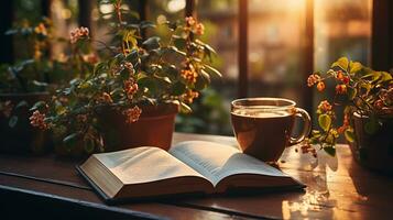 un taza de café con libro y bolígrafo en el de madera mesa ai generado foto