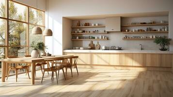 wooden kitchen house in afternoon AI generative photo