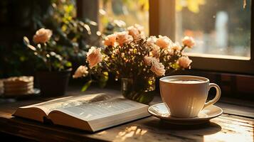 un taza de café con libro y bolígrafo en el de madera mesa ai generado foto