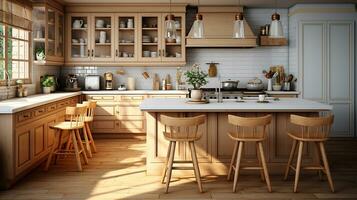 wooden kitchen house in afternoon AI generative photo