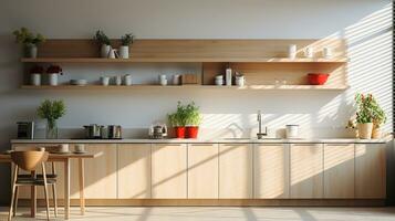 wooden kitchen house in afternoon AI generative photo