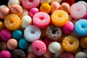 Photo-realistic of colorful candies in aerial view for background made by AI generated photo