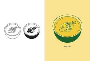 The collection features various types of hot soups and soup purees adorned with greenery, rusks, and decorative elements, presented as an isolated vector illustration.