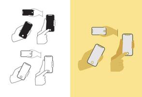 set of flat vector illustrations featuring hands holding mobile phones. The illustrations depict fingers touching, tapping, and scrolling smartphone screens while using various applications