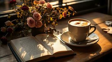 un taza de café con libro y bolígrafo en el de madera mesa ai generado foto