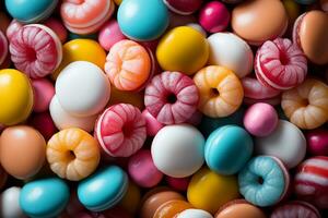 Photo-realistic of colorful candies in aerial view for background made by AI generated photo