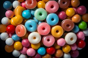 Photo-realistic of colorful candies in aerial view for background made by AI generated photo