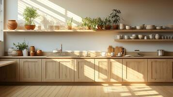 wooden kitchen house in afternoon AI generative photo