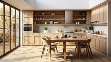 wooden kitchen house in afternoon AI generative photo