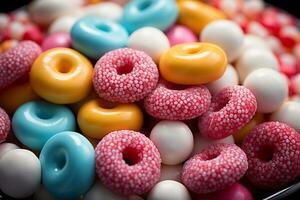 Photo-realistic of colorful candies in aerial view for background made by AI generated photo