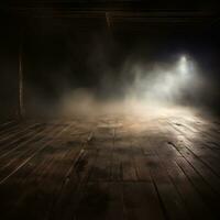 Defocused background of fog in darkness, smoke, and mist on a wooden floor. Abstract and moody Halloween backdrop. Generative AI photo