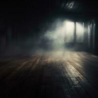 Defocused background of fog in darkness, smoke, and mist on a wooden floor. Abstract and moody Halloween backdrop. Generative AI