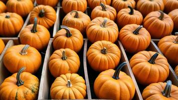 Several mini pumpkins at outdoor farmers market. Generative AI photo