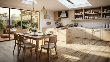 wooden kitchen house in afternoon AI generative photo