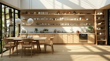 wooden kitchen house in afternoon AI generative photo