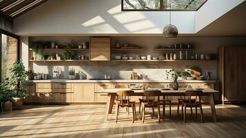 wooden kitchen house in afternoon AI generative photo