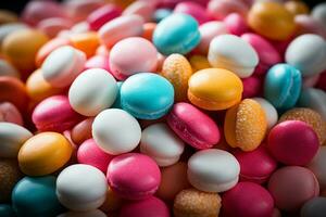 Photo-realistic of colorful candies in aerial view for background made by AI generated photo