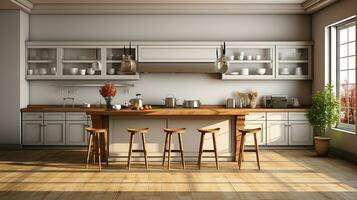 wooden kitchen house in afternoon AI generative photo