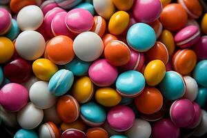 Photo-realistic of colorful candies in aerial view for background made by AI generated photo