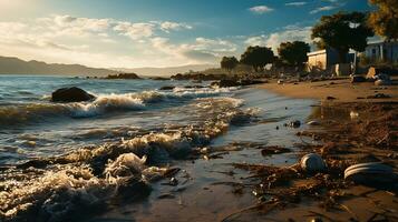 photo-realistic of dirty beach at afternoon with so much garbage AI generated photo
