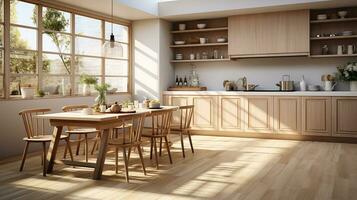 wooden kitchen house in afternoon AI generative photo