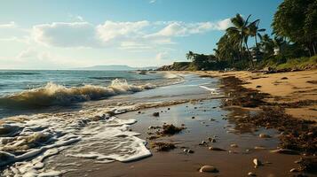 foto-realista de sucio playa a tarde con entonces mucho basura ai generado foto