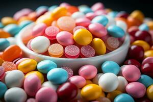 Photo-realistic of colorful candies in aerial view for background made by AI generated photo