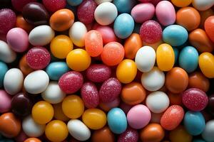 Photo-realistic of colorful candies in aerial view for background made by AI generated photo