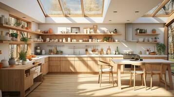 wooden kitchen house in afternoon AI generative photo