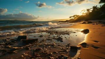 foto-realista de sucio playa a tarde con entonces mucho basura ai generado foto