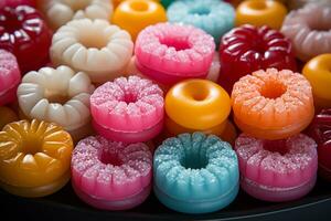 Photo-realistic of colorful candies in aerial view for background made by AI generated photo