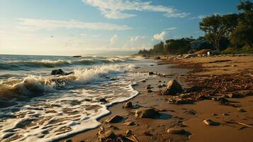 photo-realistic of dirty beach at afternoon with so much garbage AI generated photo