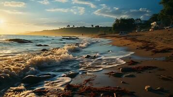 photo-realistic of dirty beach at afternoon with so much garbage AI generated photo