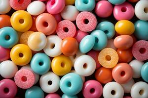 Photo-realistic of colorful candies in aerial view for background made by AI generated photo