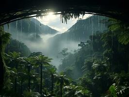 aéreo ver de lluvia bosque a el luz ai generativo foto