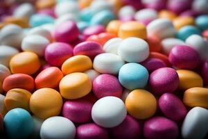 Photo-realistic of colorful candies in aerial view for background made by AI generated photo