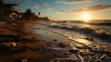 foto-realista de sucio playa a tarde con entonces mucho basura ai generado foto