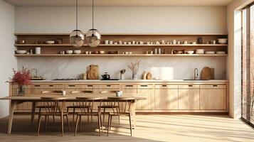 wooden kitchen house in afternoon AI generative photo