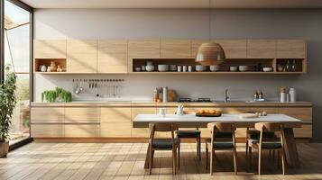 wooden kitchen house in afternoon AI generative photo