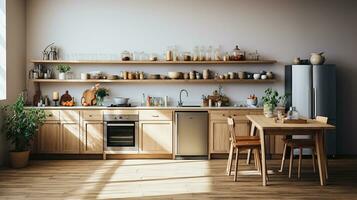 wooden kitchen house in afternoon AI generative photo