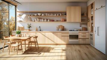 wooden kitchen house in afternoon AI generative photo