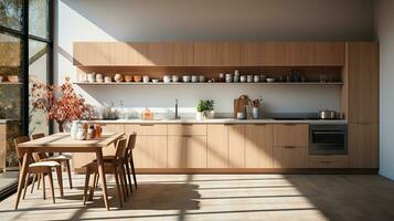 wooden kitchen house in afternoon AI generative photo