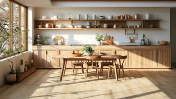 wooden kitchen house in afternoon AI generative photo