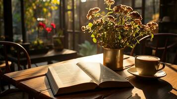 un taza de café con libro y bolígrafo en el de madera mesa ai generado foto