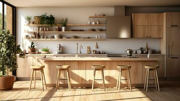 wooden kitchen house in afternoon AI generative photo