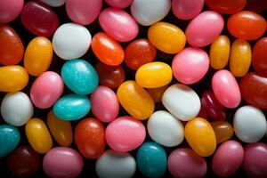 Photo-realistic of colorful candies in aerial view for background made by AI generated photo